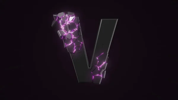 Strangely cracked V, letter. technological and mystical look with glowing inside details. 3d illustration — Stock Photo, Image