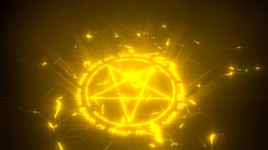 merkezinde pentagram ile daire çağırmak. iblisler aramak için runik kelimeler. karanlıkta parlayan ayrıntılar. 3d illüstrasyon