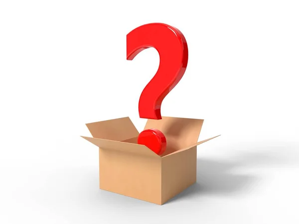 Opened cardboard box with question mark. 3d illustration — Stock Photo, Image