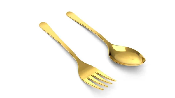 Золотая вилка и ложка. 3d иллюстрация — стоковое фото