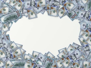 Dolar banknotları yere saçıldı. Elips kopyalama uzayı olan resim. Para, ekonomi, finans ve banka temaları için uygun. 3B illüstrasyon