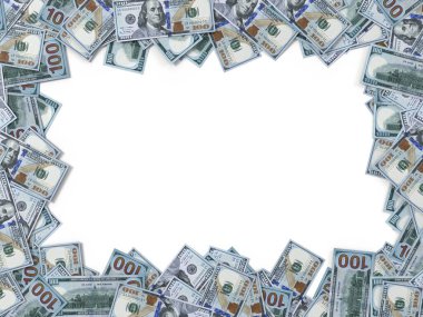 Dolar banknotları yere saçıldı. Dikdörtgen kopyalama alanı olan resim. Para, ekonomi, finans ve banka temaları için uygun. 3B illüstrasyon