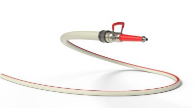 Modern hortumlu yangın hortumu. Beyaz arka planda izole edilmiş yılan gibi poz verdi. 3D illüstrasyon, itfaiyeci, yangın ve hortum temaları için uygun.