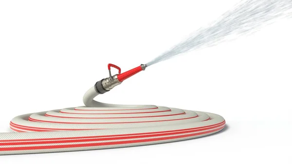 用现代喷嘴喷射水的消防软管 被白色背景隔离 3D示例 适用于消防员 消防和消防软管主题 — 图库照片