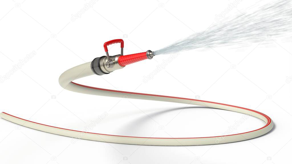 fire hose with modern nozzle squirting water. isolated on white background. 3d illustration, suitable for firefighter, fire and hose themes.