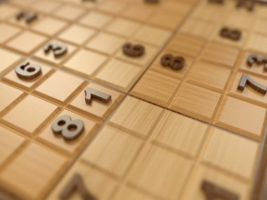 Tahtadaki sudoku. 3 boyutlu illüstrasyon. Masa oyunları ve sudoku temaları için uygun.