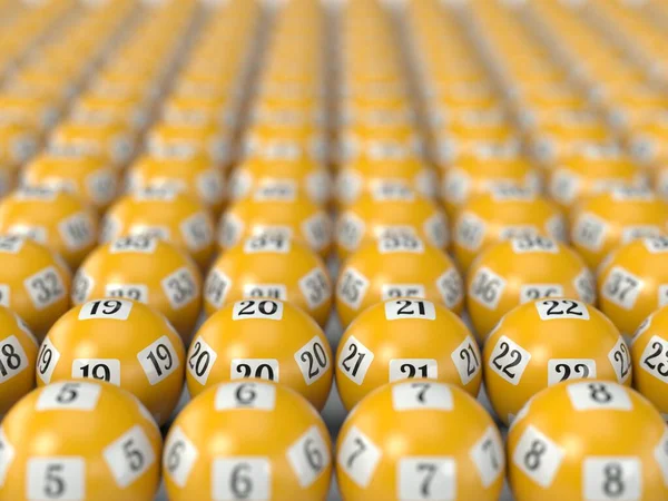 黄色彩票球在地面上排序 3D插图 适合彩票 宾果和运气主题 — 图库照片