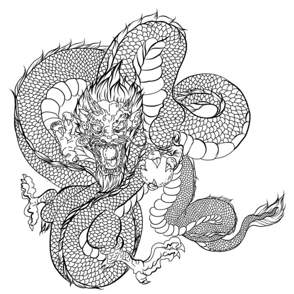 Handgezeichneter Dragon Chinese Dragon Tattoo Black White Traditionelles Japanisches Dragon — Stockvektor