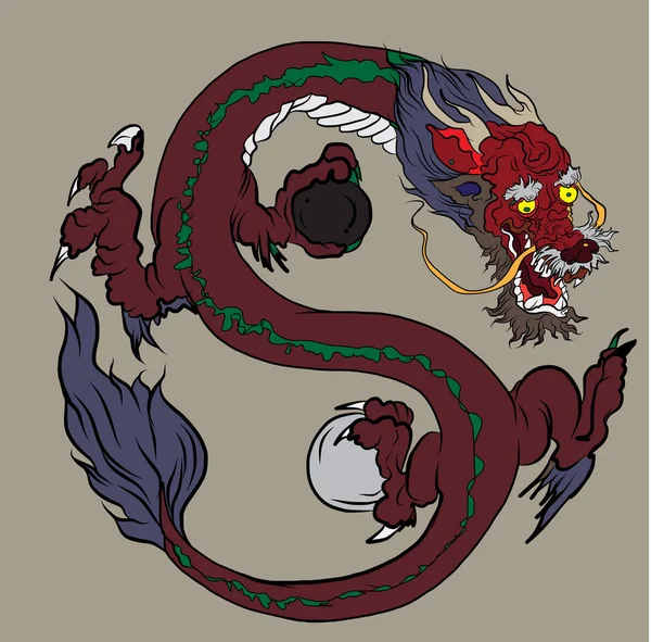 Dragon Chinese Dragón Dibujado Mano Tattoo Black Blanco Tradicional Dragon — Vector de stock