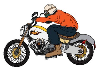 Vintage vektör motosiklet. Büyük bisiklet helikopterile motosiklet kask bisikletçi. Vintage vektör mini araba ve siluet vektör.