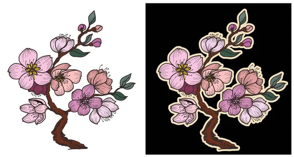 Цветок Сакуры Татуировка Ручная Изоляция Цветка Вишни Японии Контур Силуэт — стоковый вектор