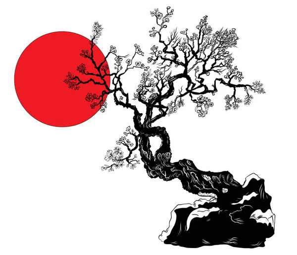 手绘樱桃枝与花 樱花树和日本花 手绘日本樱花花 轮廓和剪影桃花 — 图库矢量图片