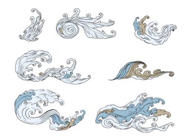 Line Thai wave tattoo.Japanese wave vector set and thai style.Outline Japanese wave dawn from Line Thai style.Thai water wave isolate on white background. clipart