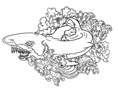 Şakayık çiçek ile Japon Köpekbalığı dövme.