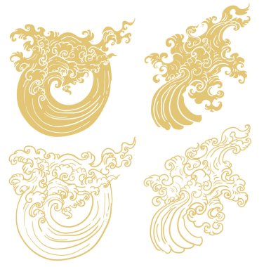 Hat Thai dalgası dövmesi. Japon dalga vektör seti ve Tay tarzı. Anahat Japon dalga şafak Line Thai tarzı. Tay su dalgası beyaz arka planda izole.