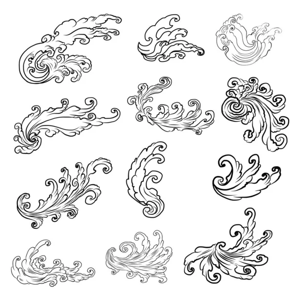 Ligne Thai Wave Tattoo Japanese Vague Vecteur Set Thai Style — Image vectorielle