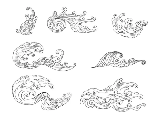 Línea Tailandesa Onda Tattoo Japanese Onda Vector Set Thai Style — Vector de stock