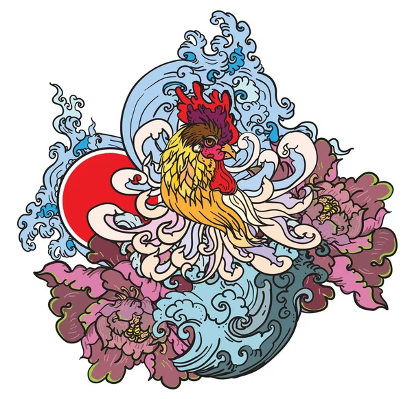 Thai Csirke Harcot Pünkösdi Rózsa Virág Tetoválás Hagyományos Thai Tetoválás — Stock Vector