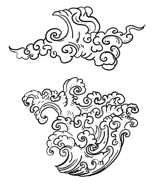 Line Thai Wave Tattoo Japanese Wave Vector Set Thai Style — Stock Vector