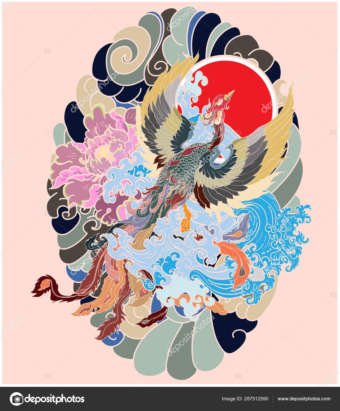 Japanese Peacock Tattoo Asian Phoenix Fire Bird Tattoo Design Colorful  Stock Vector Image by ©nipatsara #287512590