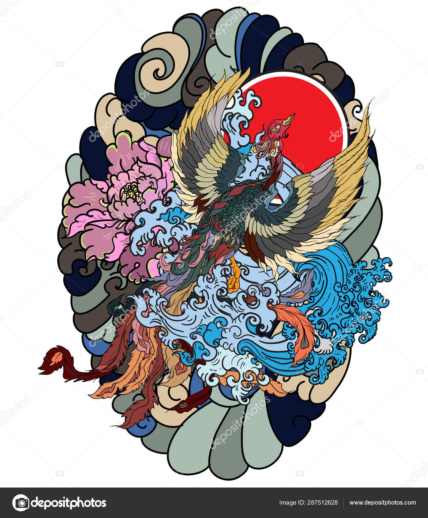 Japanese Peacock Tattoo Asian Phoenix Fire Bird Tattoo Design Colorful Stock Vector by ©nipatsara 287512628
