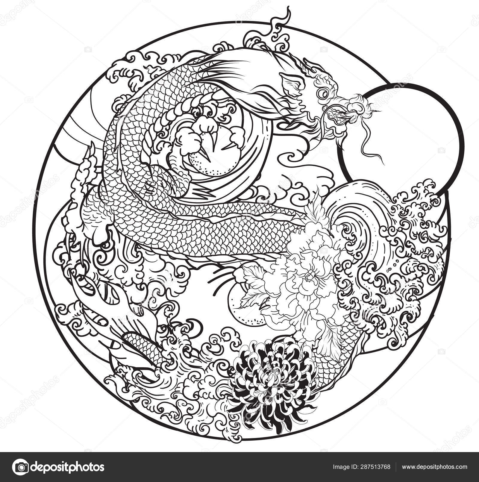 Hand Drawn Dragon Tattoo Coloring Book Japanese Style Japanese Old Stock  Vector Image by ©nipatsara #287513768
