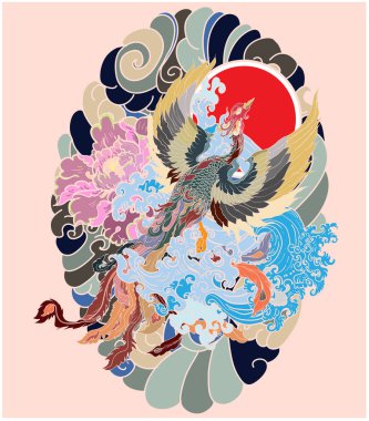 Japon tavus kuşu dövmesi. Asya Phoenix yangın kuş dövme tasarımı. Renkli Phoenix yangın kuş boyama kitabı illüstrasyon. El çizilmiş Japon dövme tarzı.