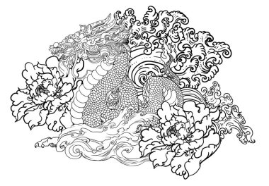 el çizilmiş Dragon dövme, boyama kitabı Japon tarzı. Dövme için Japon eski ejderha. Geleneksel Asya dövme eski ejderha vektör.