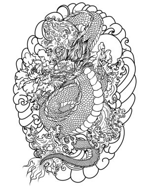 el çizilmiş Dragon dövme, boyama kitabı Japon tarzı. Dövme için Japon eski ejderha. Geleneksel Asya dövme eski ejderha vektör.