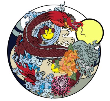 el çizilmiş Dragon dövme, boyama kitabı Japon tarzı. Dövme için Japon eski ejderha. Geleneksel Asya dövme eski ejderha vektör.