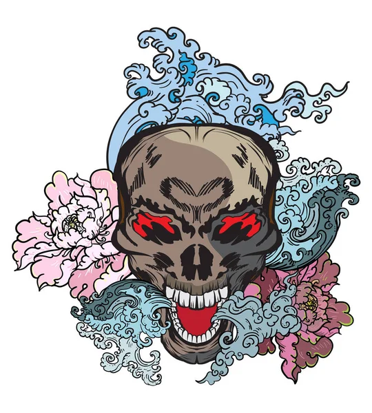 Kiraz Çiçeği Şakayık Çiçeği Ile Oni Maskesi Çizilmiş Dalga Sakura — Stok Vektör