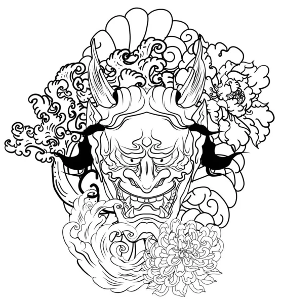 Handgezeichnete Oni Maske Mit Kirschblüte Und Pfingstrose Flower Japanese Dämon — Stockvektor