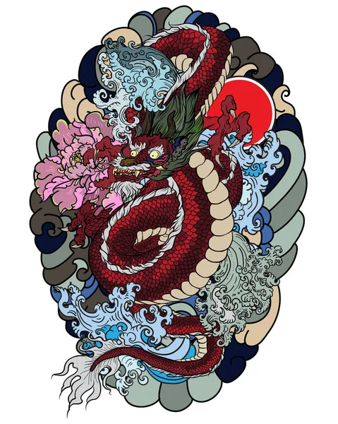 Hand Drawn Dragon Tattoo Coloring Book Japanese Style Japanese Old — Stock Vector