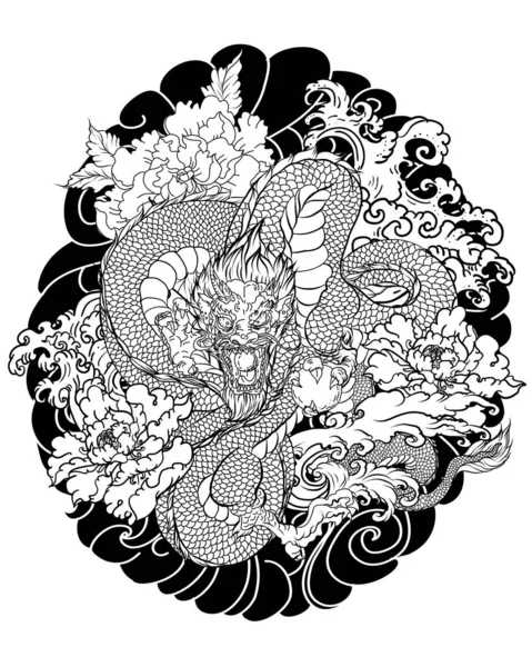 Handgezeichnetes Drachen Tattoo Malbuch Japanischer Style Japanese Alter Drache Für — Stockvektor