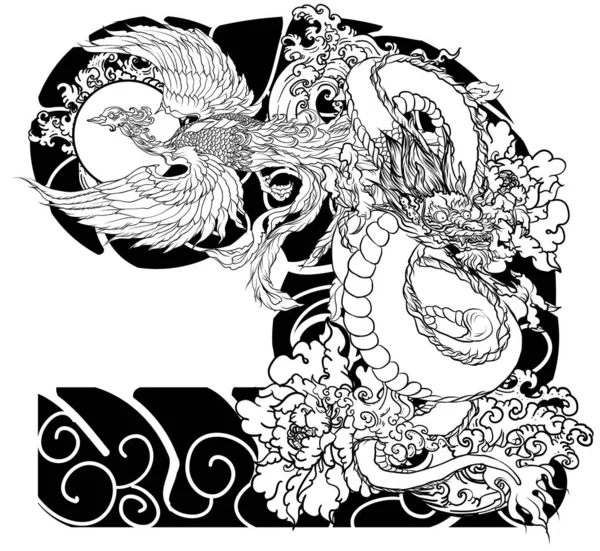 Japanese Tattoo Design Full Back Body Dragon Phoenix Fire Bird — Stock Vector