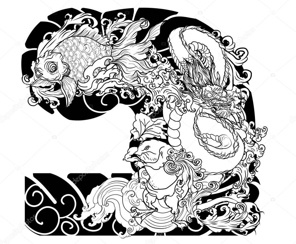 Traditional Japanses Frog ,dragon and gold fish tattoo with water wave and peony flower and lotus leaf and red sun.Green Frog with Japanese wave vector and wallpaper style.