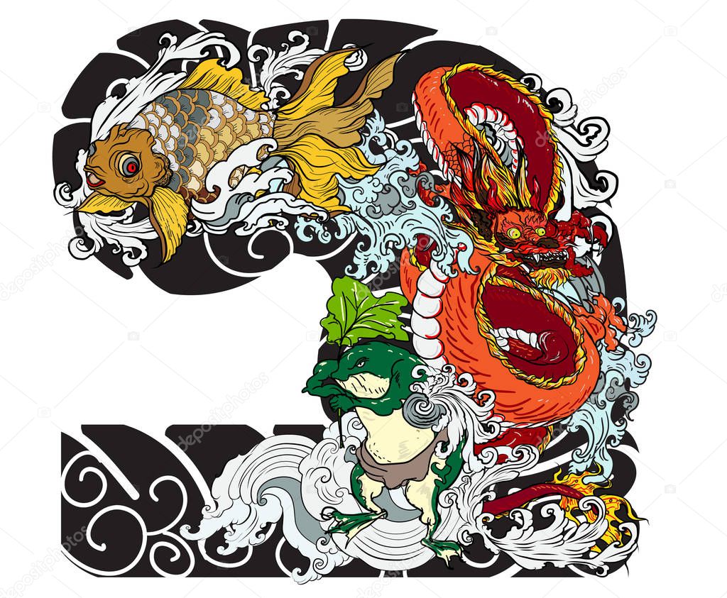 Traditional Japanses Frog ,dragon and gold fish tattoo with water wave and peony flower and lotus leaf and red sun.Green Frog with Japanese wave vector and wallpaper style.