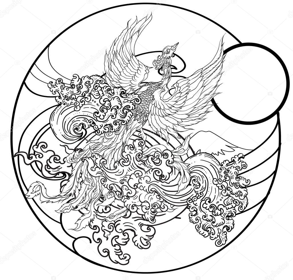 Japanese peacock tattoo.Asian Phoenix fire bird tattoo design.Colorful Phoenix fire bird colouring book illustration.Hand drawn Japanese tattoo style.