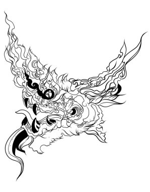El yapımı Siluet Ejderhası. Çin ejderhası dövmesi. Siyah beyaz geleneksel Japon ejderhası..
