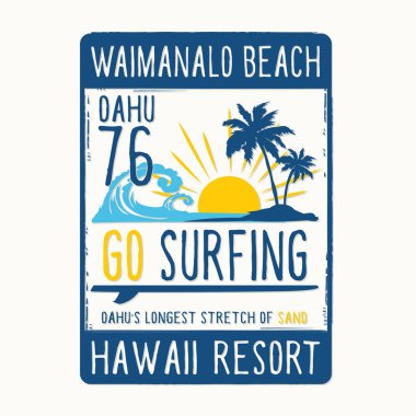 waimanalo plajlı şık bir pankart Hawaii yazıtlarında, vektör illüstrasyonunda sörf yap
