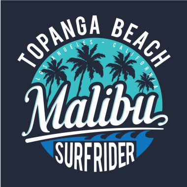 Topanga plaj surfrider Malibu yazıtlı şık bir afiş, vektör illüstrasyonu