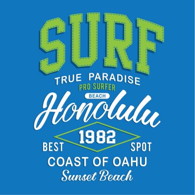 Sörf cenneti, Honolulu yazıtı, vektör illüstrasyonlu şık bir bayrak.