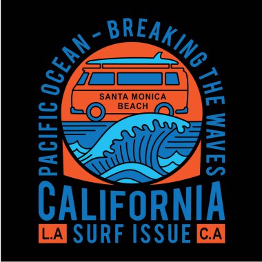 Pasifik Okyanusu dalgaları kıran şık bir bayrak California yazıtları, vektör illüstrasyonu