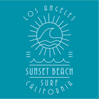 Şık günbatımı plajı California sörf afişi, vektör illüstrasyonu