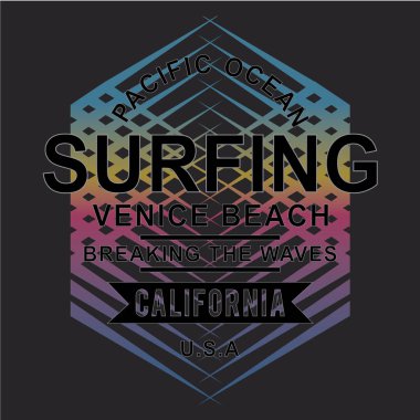 Havalı Venedik plajı California sörf afişi, vektör illüstrasyonu