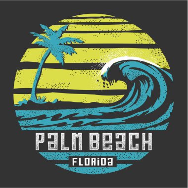 Şık Palm Beach, Florida, sörf afişi, vektör illüstrasyonu