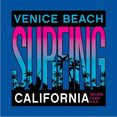 Venedik plajlı şık bir pankart California sörf yazıları, vektör illüstrasyonları