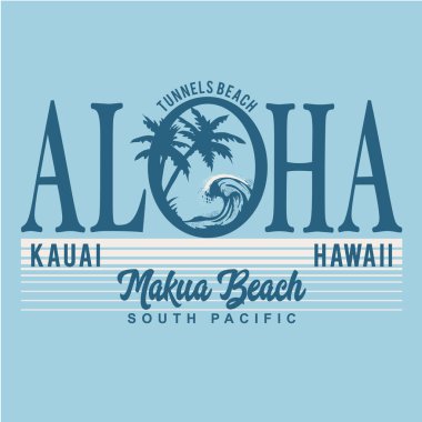 Aloha makua plaj Hawaii yazıtlı şık bir afiş, vektör illüstrasyonu