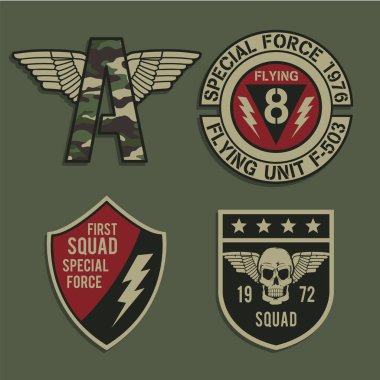 Çeşitli uçan güçlere sahip şık bir afiş. Rozet yazma, vektör illüstrasyonu.