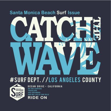 Dalga sörfü yazısını, vektör illüstrasyonunu yakalayan şık bir afiş.